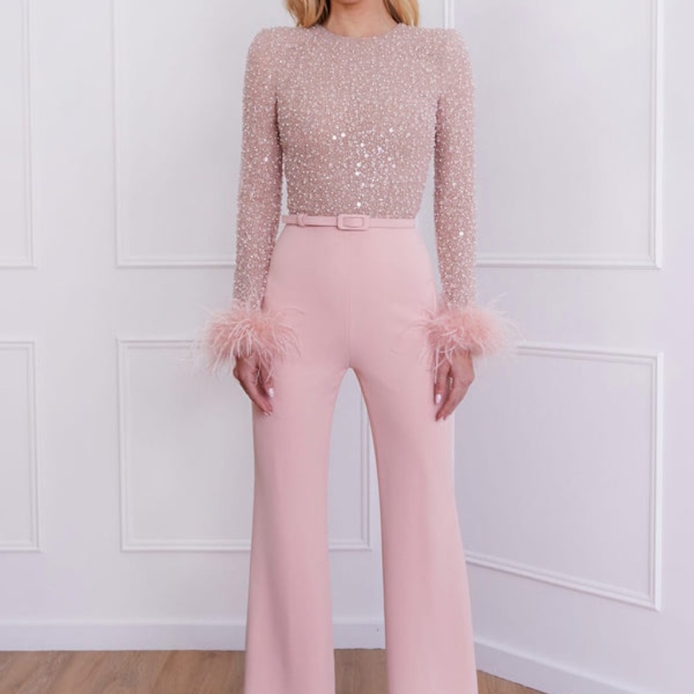 NADINE MERABI Pink Sequin Feather Jumpsuit